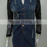 New Arrival Winter Fashion High Quality Ladies Denim Dress,denim and Lace Dress Wholesale China