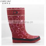 Women rubber rain boot red ground has more circle printed with red buckle fashion boot Manufacturer