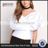 MGOO Custom Designs V Neck Tunic Fashion Cross White Satin Blouses 100% Polyester Sleeveless Tops thumbnail-1