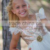 Ivory Gold Sequined Glitter Tulle Lace Fabric Baby Dress Pictures Girls Tutu Dress thumbnail-4