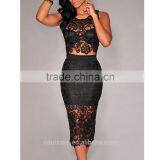 Ladys Sexy Floral Sheer Sleeveless Lace Crop Top and Midi Skirt Set Women Party Dress thumbnail-4