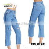 Cut Out Frayed Hem Ankle Jeans Fashion Demin Pants For Women thumbnail-1