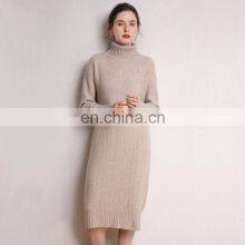 Women Cable Knit Cashmere Merino Wool Turtle Neck Long Sweater Dress thumbnail-2