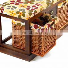 Wicker Basket Drawers Solid Wood Linen Fabric Covered Hall Storage Bench Seat thumbnail-4