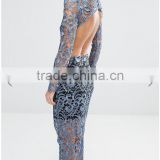 good quality fashion Petrol blue Bandeau underlay Kick split Lace Open Back Dress