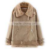Lady Clothing Garment Manufacturer Lapel Neck Khaki Nubuck Leather Jacket Woman 2015 thumbnail-2