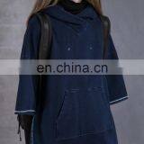 2017 Winter Women Loose Casual Drop Shoulder Indigo Blue Pullover Hoodie With Front Pocket thumbnail-3