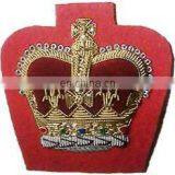 New Bullion Wire Hand Embroidered Crown Badge on Black Blazer Fabric Patches