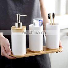 4-Piece Natural Bamboo White and Black Ceramic Bathroom Accessories thumbnail-2