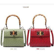 Hot-selling Ostrich Print Manual Small Package Ladies Trapezoid Bamboo-handle Handbag thumbnail-3