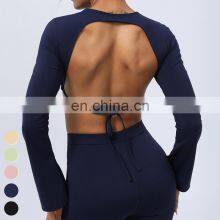 Quick Dry Crop Top Sexy Backless Straps Flare Cuffs Sports T Shirt Gym Fitness Tops Yoga Crop Top For Women With Removable Pad thumbnail-2