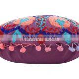 Round Uzbekistan Suzani Cushion Cover Embroidered Pillows Decorative Throw Pillow Case Indian Pom Pom Outdoor Cushion Cover thumbnail-3