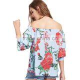 MAXNEGIO Ladies Crop Top Chest Floral Printing off Shoulder Blouse for Women thumbnail-2
