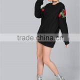 Customized Design Embroidered Roses Longline Sweatshirt Black Oversized Fleece Pullover For Women thumbnail-5