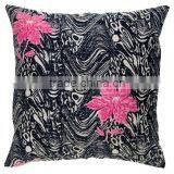 Kantha Cushion Cover - Pink Flowers on Black Patterned Background thumbnail-2