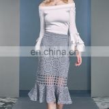 Sexy Off Shoulder Double Layere Ruffles Flared Cuff Solid Color Knit Tight Women Tops
