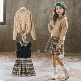 Long Sleeve Knitted Sweater Plaid Vest Skirt thumbnail-1
