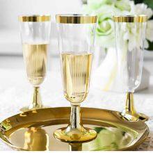 Bulk Decorative Champagne Wine Glass - Gold Rim/Glitter Plastic, Wedding Reception Glassware thumbnail-3