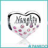 925 Sterling Silver NICE Naughty Word Heart Beads Charms With Pink Crystal for DIY Jewelry Making Baby Gift thumbnail-1