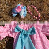 2015 Baby Girls Easter Pink Quatrefoil Teal Bunny Dress Kids Clothes With Necklace and Bows Set thumbnail-4