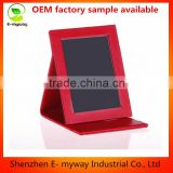 OEM pu leather foldable travel use make up mirror stand with emboss logo