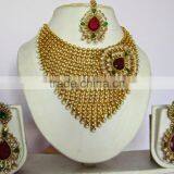 GOLD Plated Maroon Red Polki Pearl Bollywood Necklace EARRING Bridal WEDDING Set thumbnail-1
