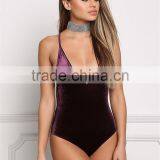 MGOO Fashion Manufacturer Purple Plunge Strap Bodysuits Velvet Blouses Cross V Neck Sexy Bloues Tops thumbnail-3