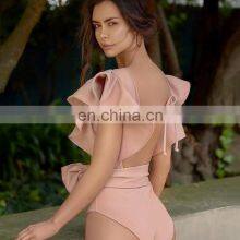 Vintage Retro One Piece Swimsuit 2021 Shoulder Ruffle Swimwear Women Belt Swimsuit Backless Bathing Suit Beachwear Monokini Swim thumbnail-3