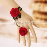 Women Fashion Red Rose Lace Flower Bracelet With Ring thumbnail-1