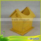 Yellow Wooden Decorative Wheelbarrow Planter For Gardens,House Shape Flower Pot thumbnail-3