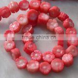16" 10mm pink coral beads carved flower shaped loose