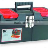 Plastic tool box with metal clips