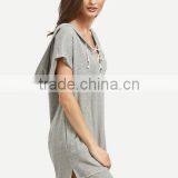 High Quality Fashion Lady Longline Short Sleeve Hoody With String thumbnail-3