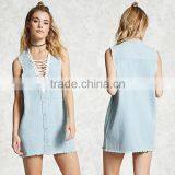 High Quality Sleeveless Denim Deep-v Hollow Sexy Mini Casual Women Summer Dress thumbnail-1
