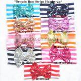 Sequin Bow Stripe Headwrap, Cotton Stripe Headband With Big Sequin Hair Bow
