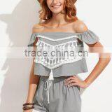 Two-piece-outfits latest fashion design women clothing Grey Tassel Off The Shoulder Top With Tie Waist Shorts
