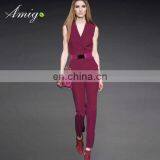 Maroon v Neck Fashion Show Brand Quality Twill Women Jumpsuit thumbnail-1