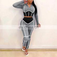 2020 Fall Fashion Woman Clothes Round Neck Crop Top High Waist Pants Two Piece Set thumbnail-5
