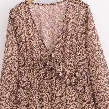 New French Retro Printed V-neck Elegant Slimming A-line Layered Decorative Print MIDI Dress thumbnail-3