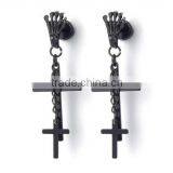 Mens Women Black Skeleton Claw Cross Chain Stud Earrings Drop, Stainless Steel, Screw Back, 2 Pcs thumbnail-1