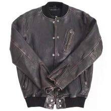 HOT SALE 2021 NEW FASHION MEN'S WASHED BASEBALL GENUINE SHEEPSKIN LEATHER JACKET thumbnail-4