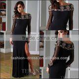 Beautiful Fully Beaded Bateau Neckline Front Slit Black Chiffon Evening Dress For Muslim