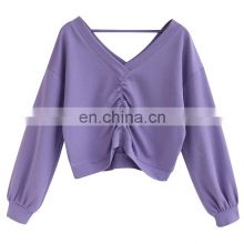 V-neck leaky clavicle sweater Autumn Korean style design niche high-waist umbilical chest pleated long-sleeved pullover top