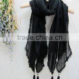 Fashion Latest Large Long Plain Cotton Linen Embroidery Lace Brim Tassel Scarf Shawl thumbnail-6