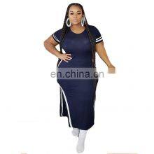 Custom Plus Size Dress Skirts Ladies Dresses Summer Short Sleeve Side Split Maxi Solid Bodycon Dress Women Plus Size Clothes thumbnail-5