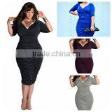 F20095A New fashion fat women dresses deep v neck slim packet hip plus size dress