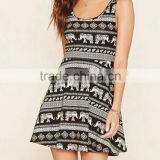 A Sleeveless Knit Skater Dress Featuring an Allover Paisley and Elephant Print, Crochet Trim, Short Sleeves, and a Round Necklin thumbnail-1