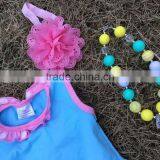 2015 New Baby Girl Blue & Yellow Easter Stripe Pant Set Outfits With Matching Necklace and Headband thumbnail-3