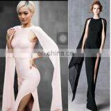 Amigo 2017 Black Long Chiffon Cape Sleeve High Vent Barelegged Long Bandage Dress Modest Dresses for Young Girls thumbnail-3