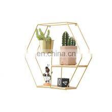 Ins Hanging Wall Golden Metal Rack With Wood Board Shelf